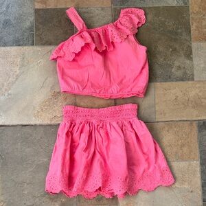 Girls One-Shoulder Ruffle Top & Skirt Set - Bright Pink